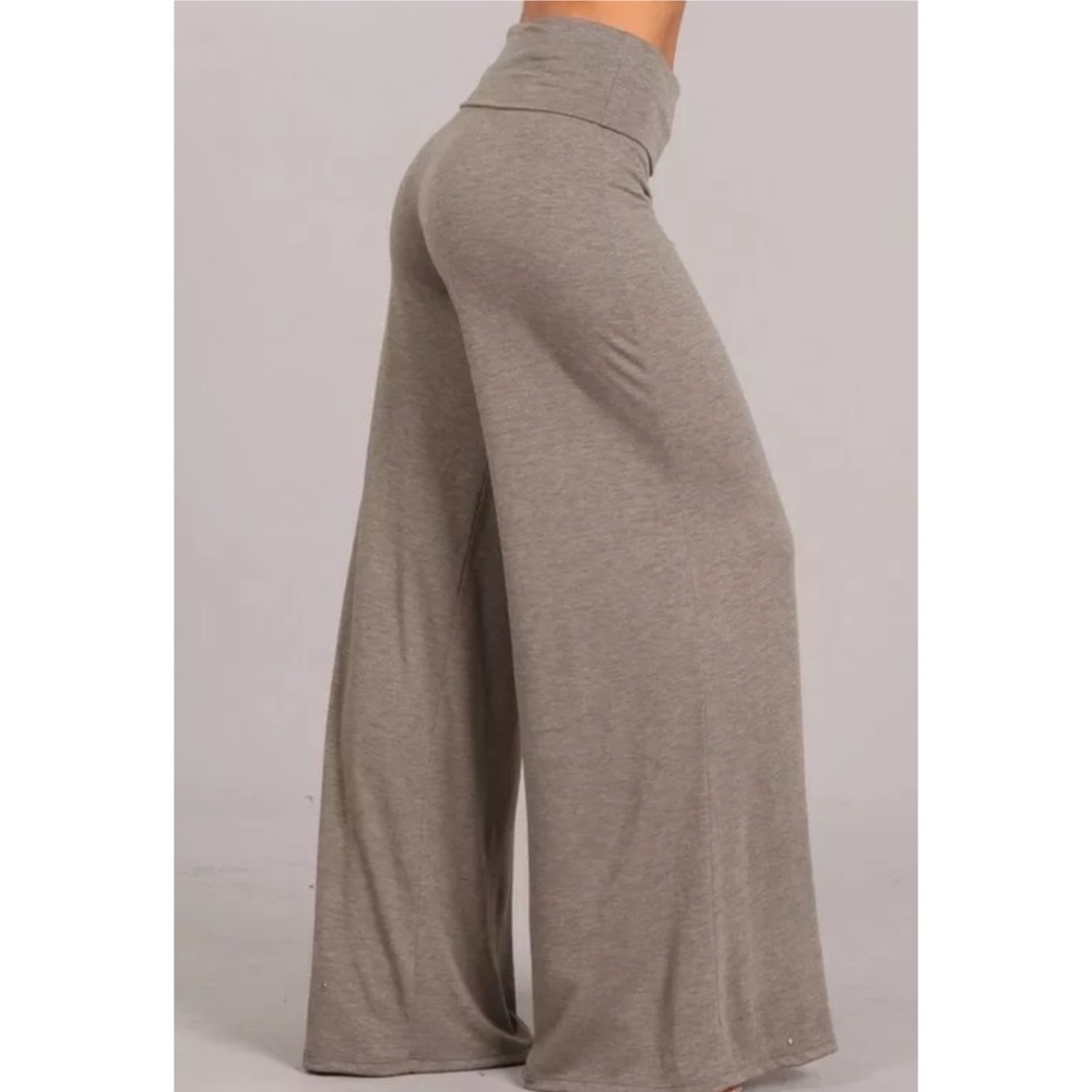 SOLD OUT Heather Taupe Wide Leg Palazzo Stretch Knit Pants - Picture 3 of 6